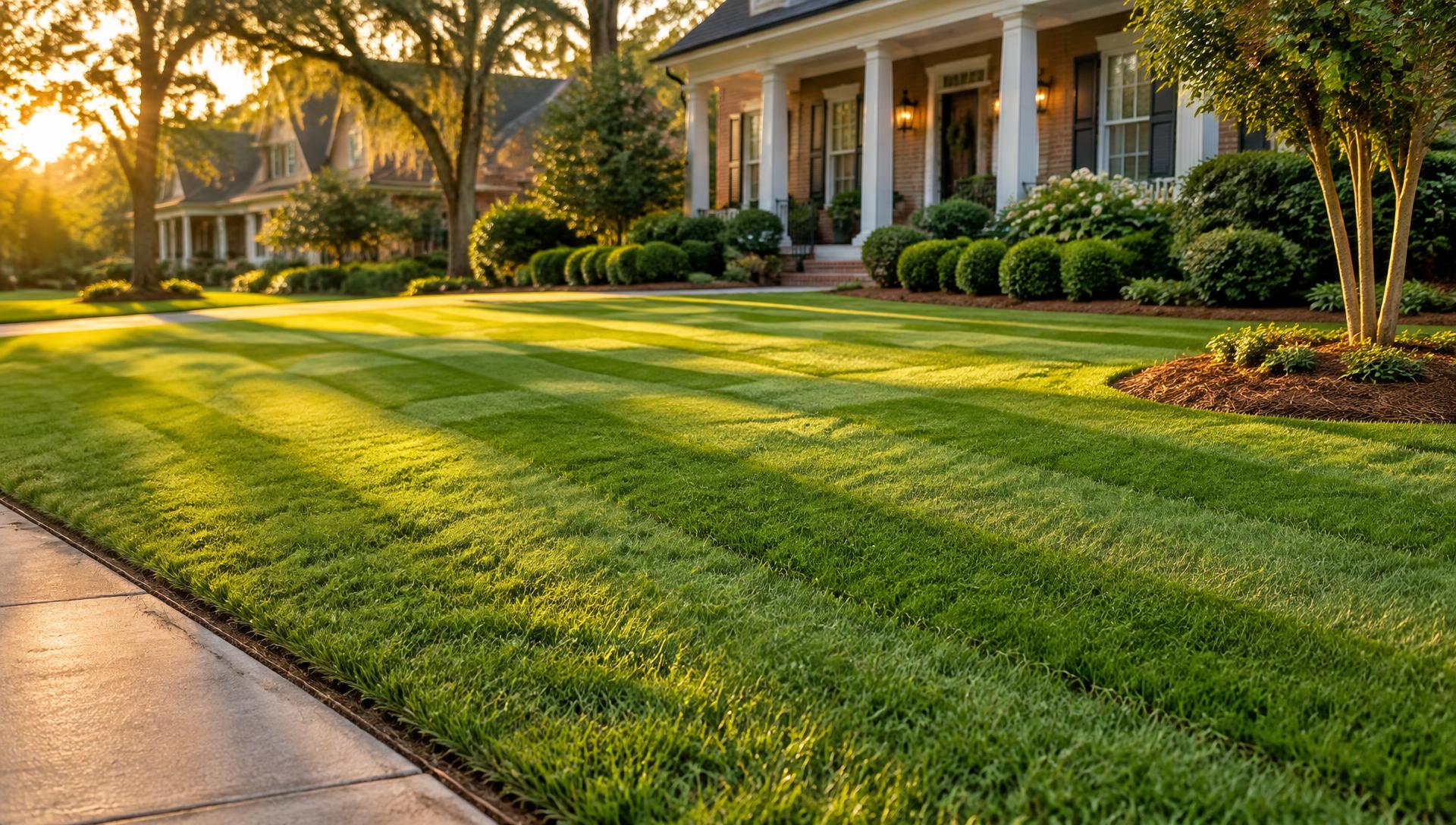 Freshly mowed striped lawn in front of a home